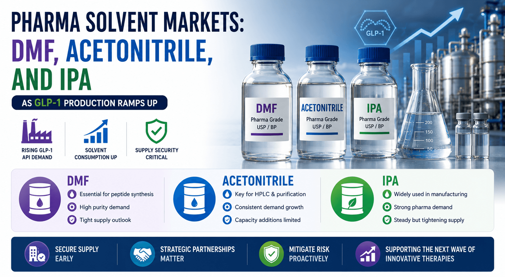 Mercados de solventes farmacéuticos: DMF, acetonitrilo e IPA a medida que aumenta la producción de GLP-1